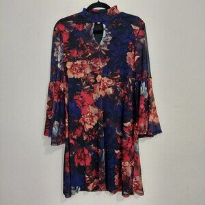 Neiman Marcus Blue Pink Floral‎ Sheer Bell Sleeve Fully Lined Shift Dress Size 8